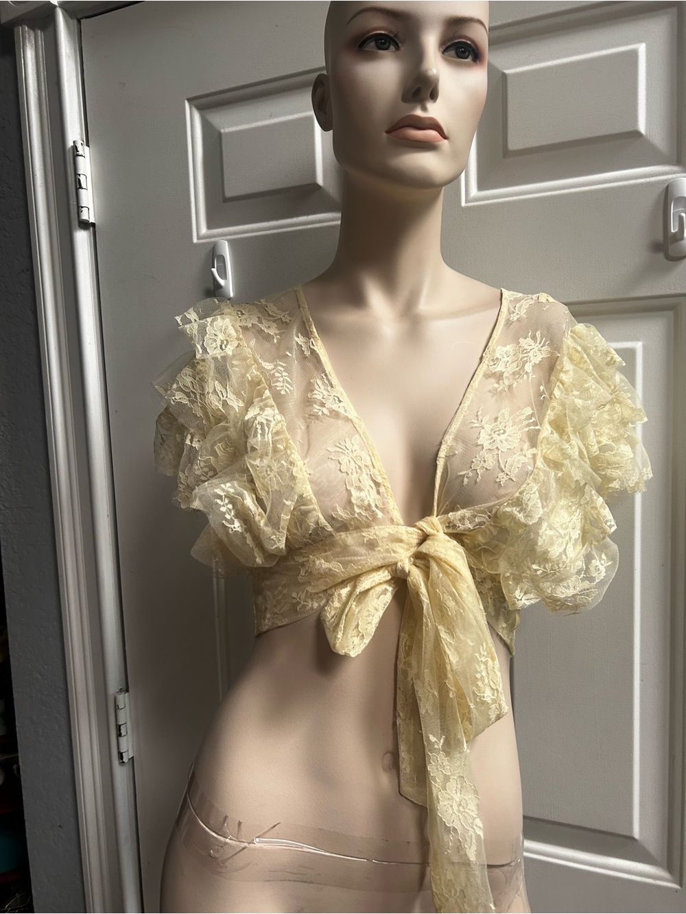 WD.NY Pale Yellow Sheer Lace Crop Top w/ Ruffled Short Sleeves & tie closure